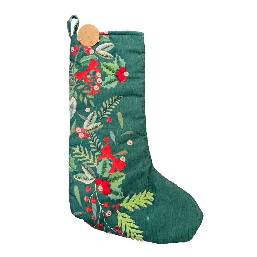 Christmas Stocking‎ Green Embroidered Holly Handcrafted India NEW 18 Inch